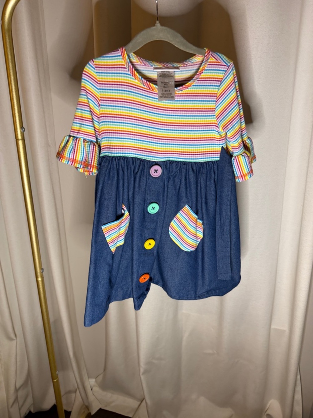 Bonnie Jean Rainbow Stripe Top with Navy Skirt and Colorful Buttons